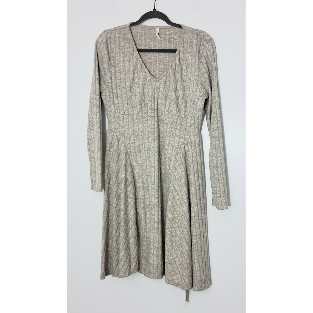 Halara Mini Sweater Dress Size XL Beige Ribbed Knit Flare Long Sleeve V-Neck NEW